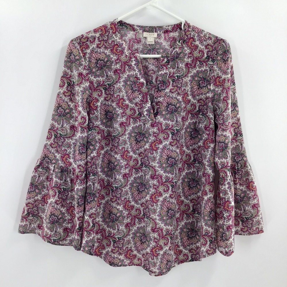 J Crew Women's Blouse Shirt Small Paisley Woven Poly Bell Sleeve Western Ranch